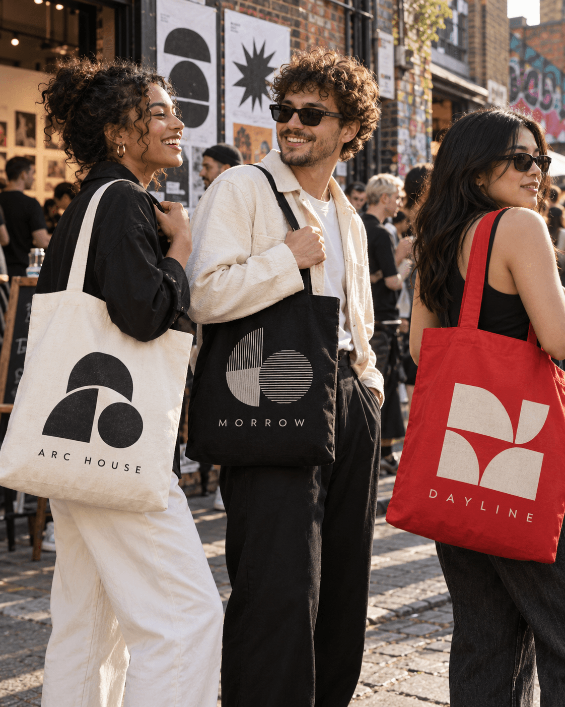Creative event visitors carrying cotton tote bags printed with fictional company branding