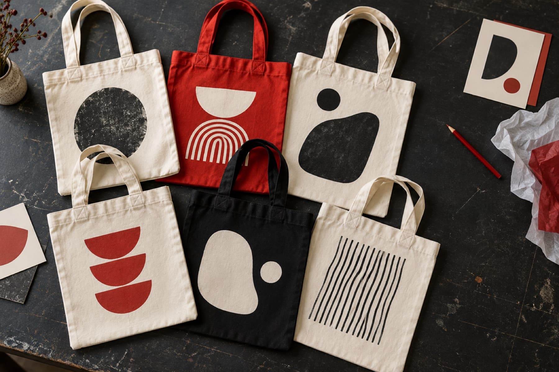 Batch of customised off-white, red and black cotton tote bags for an event